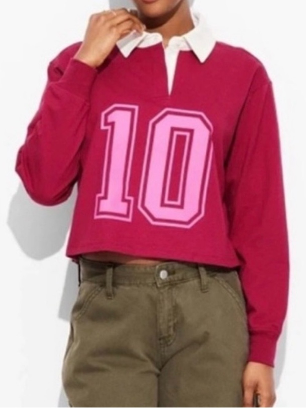 Burgundy and Pink Oversized Collared Crop Top